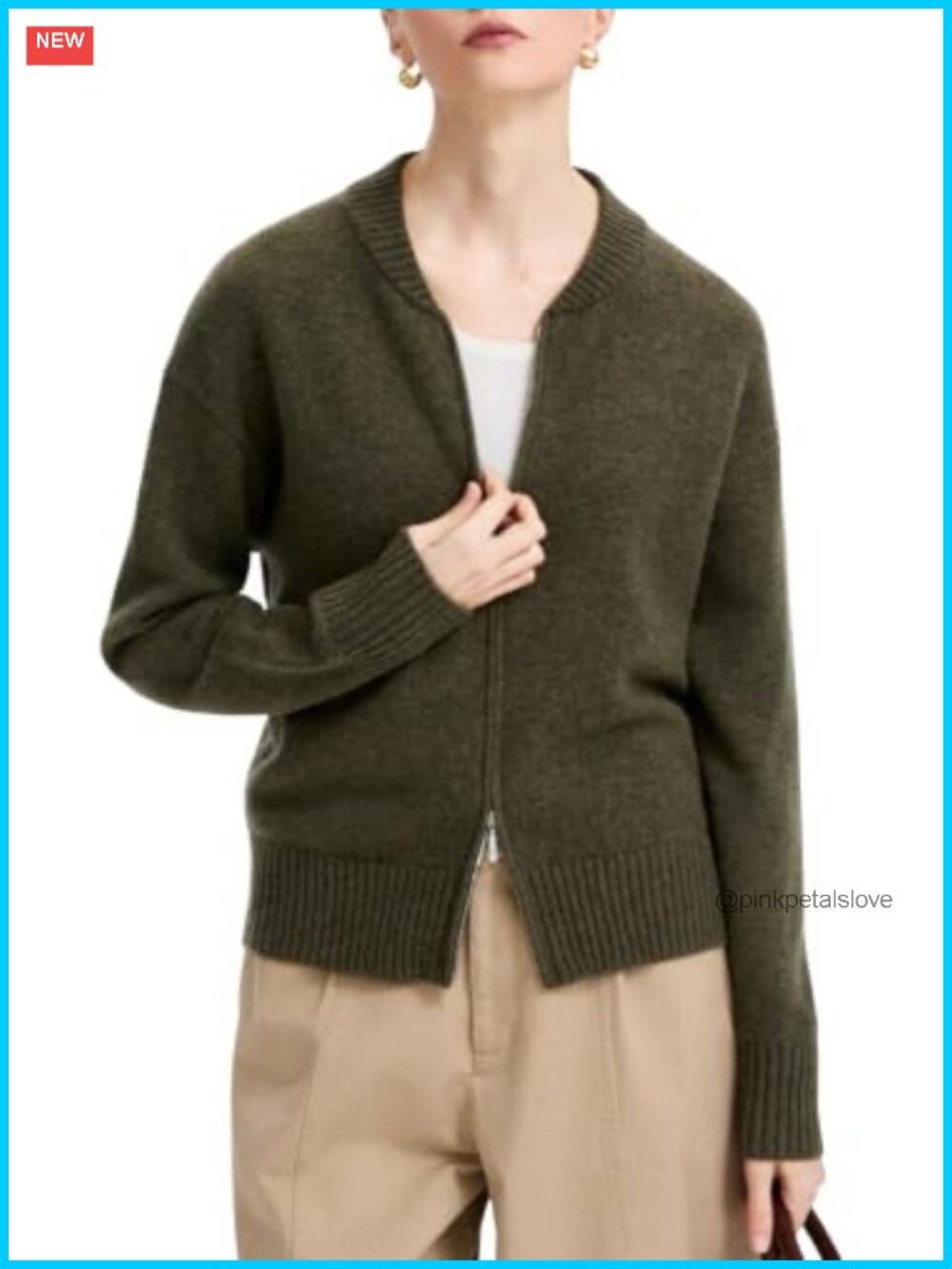 Merino Wool Zip Cardigan Baseball Collar Sweater Jacket Women